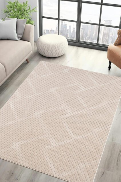 Vitrin Halı Mozaik Lüks Oturma Odası, Salon, Antre, Yıkanabilir Polyester Kaymaz Taban Halı Krem - Kaymaz Taban Halı