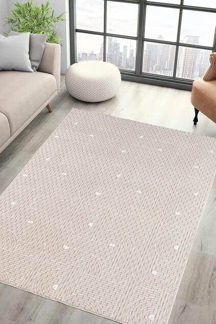 Vitrin Halı Mozaik Lüks Oturma Odası, Salon, Antre, Yıkanabilir Polyester Kaymaz Taban Halı Krem - Kaymaz Taban Halı