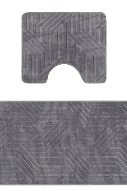 Plato Halı Akustik 2’li Set Premium Banyo Takımı 50×60 (Klozet) – 60×100 Klozet Takımı Gri - Banyo Paspası