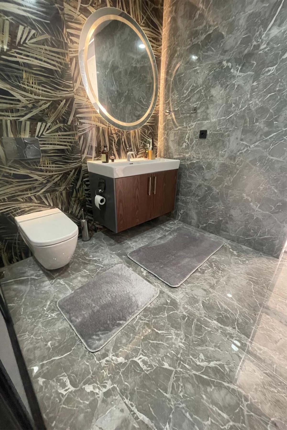 1_org_zoom 2'li Yıkanabilir Kaymaz Taban Post Banyo Halısı Peluş Halı Klozet Takımı 31854