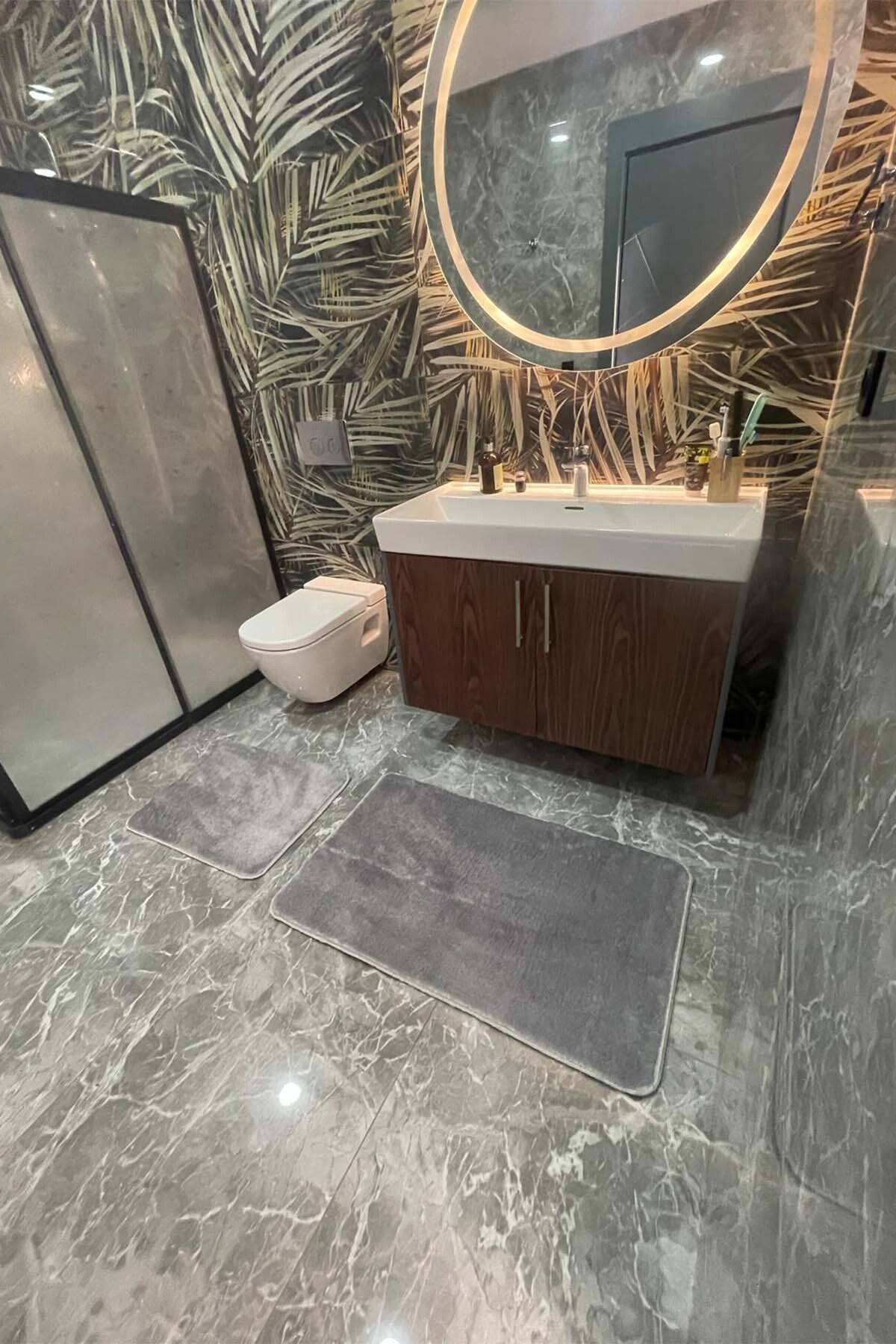 1_org_zoom 2'li Yıkanabilir Kaymaz Taban Post Banyo Halısı Peluş Halı Klozet Takımı 31855