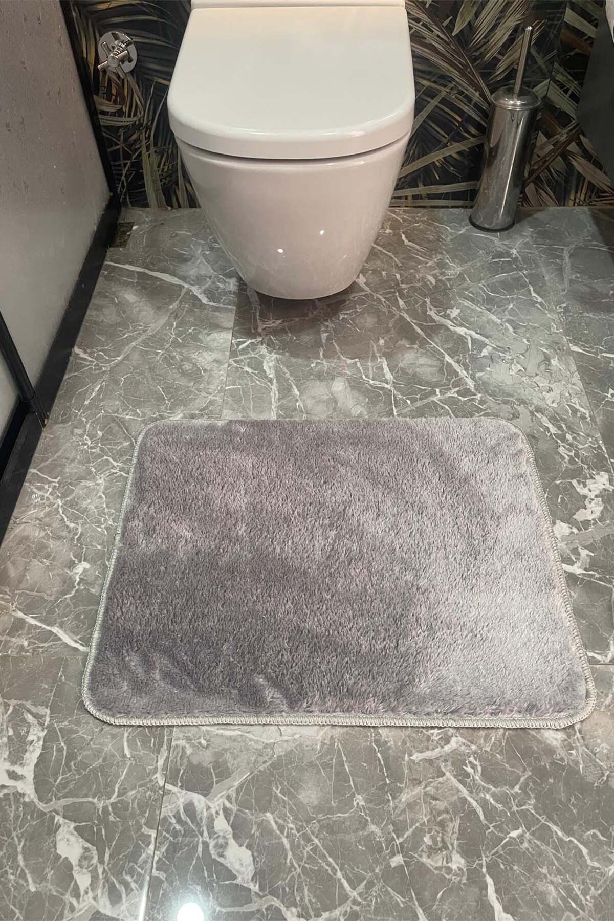 1_org_zoom 2'li Yıkanabilir Kaymaz Taban Post Banyo Halısı Peluş Halı Klozet Takımı 31857