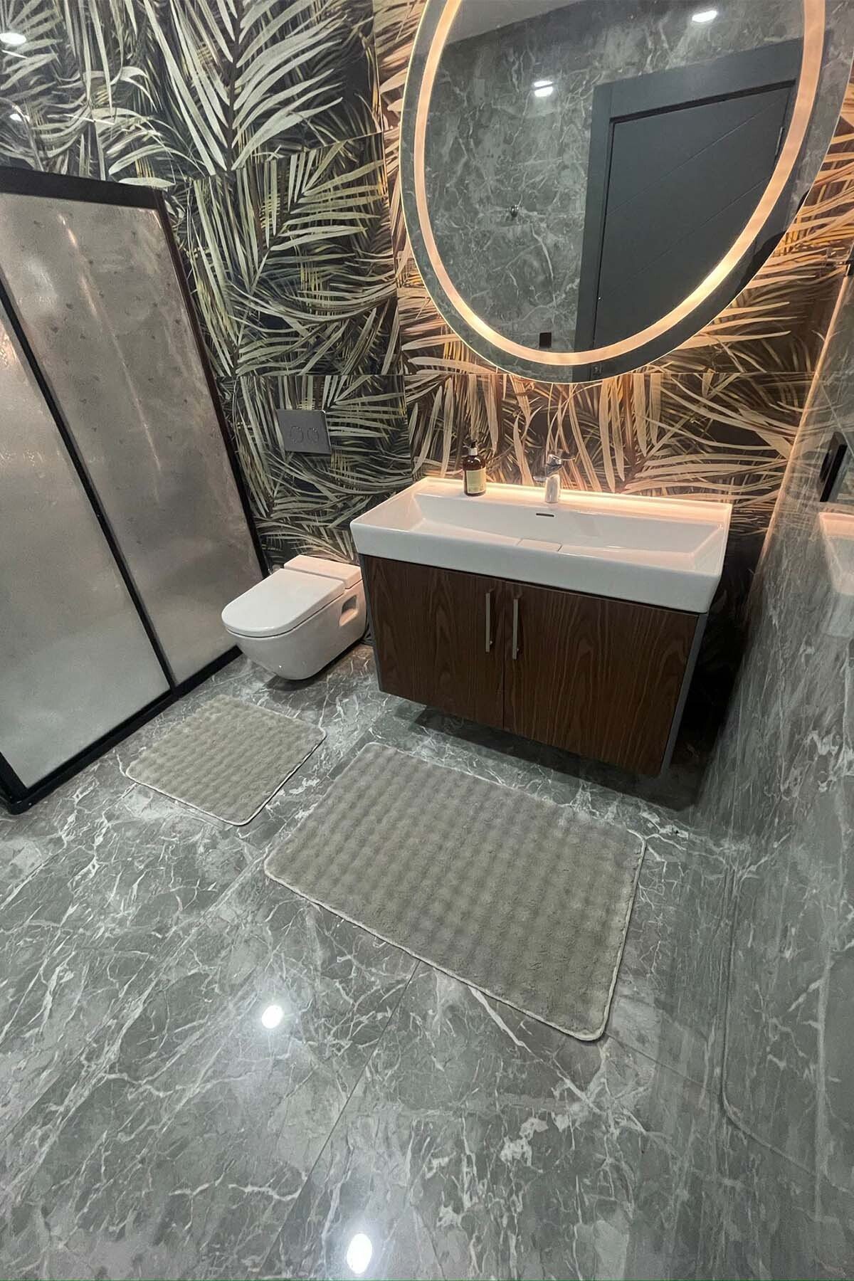 1_org_zoom Modern Bubble Yıkanabilir Kaymaz Peluş Banyo Paspası Halısı 2'li Klozet Takımı 60x100 ve 50x60