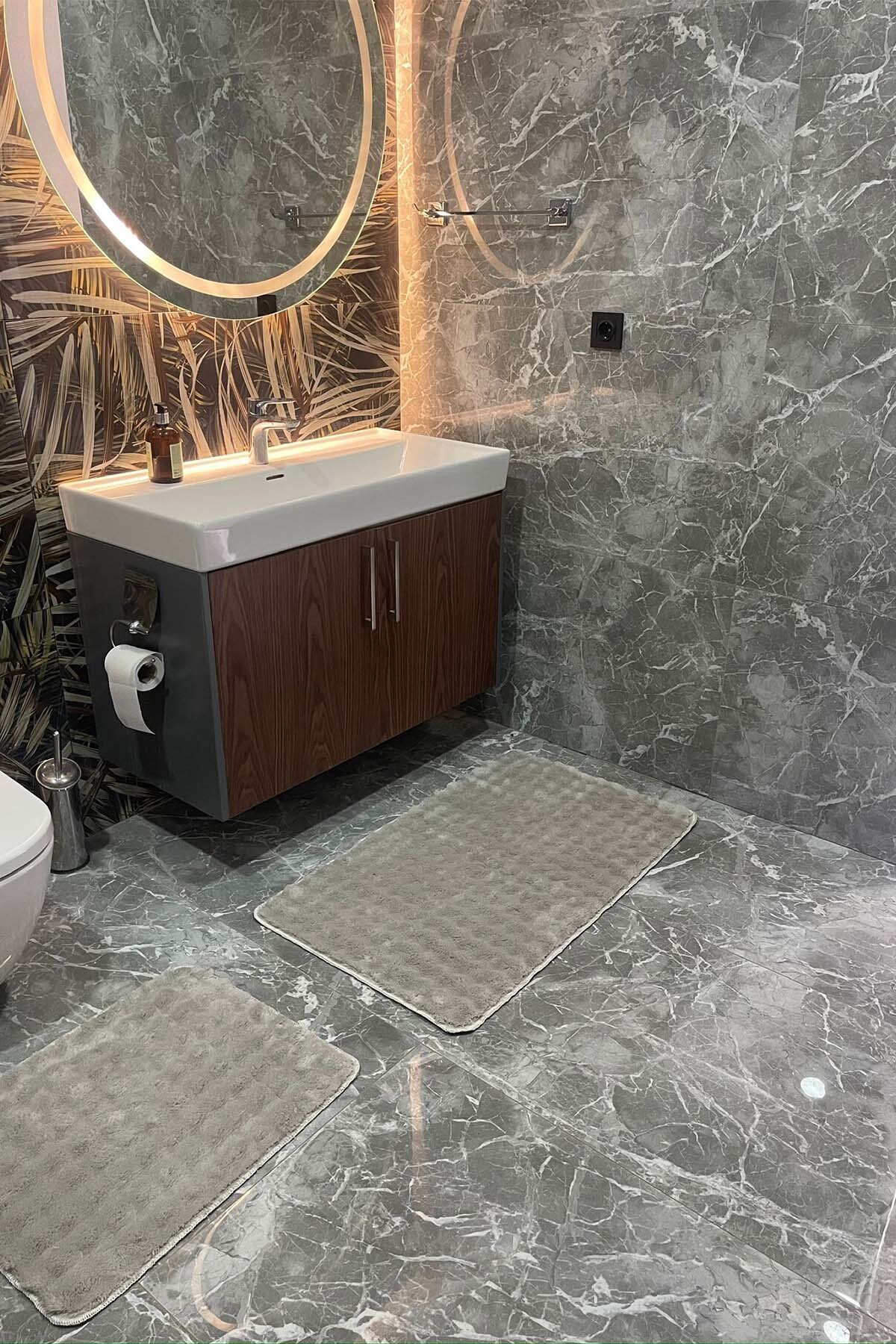 1_org_zoom Modern Bubble Yıkanabilir Kaymaz Peluş Banyo Paspası Halısı 2'li Klozet Takımı 60x100 ve 50x60