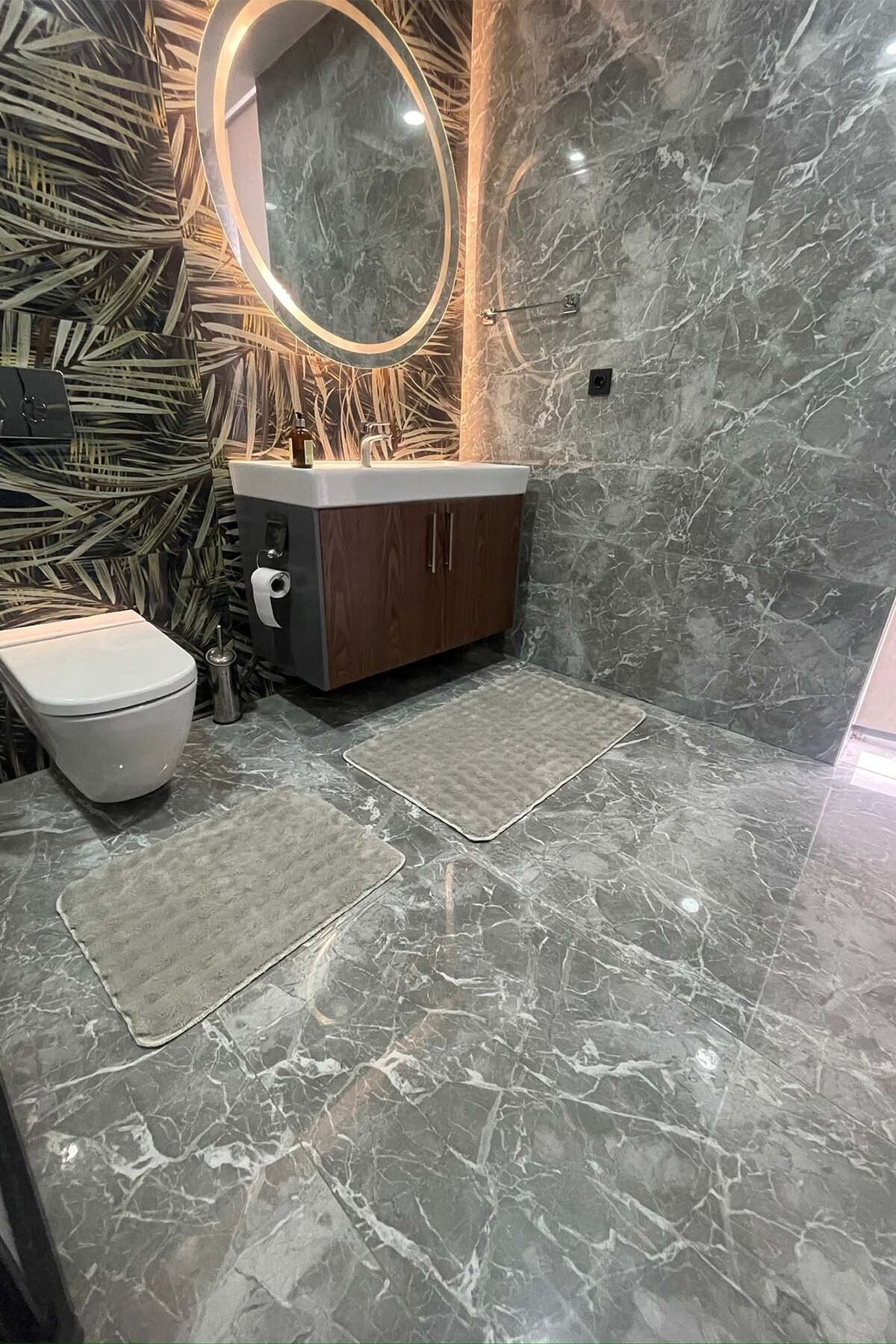 1_org_zoom Modern Bubble Yıkanabilir Kaymaz Peluş Banyo Paspası Halısı 2'li Klozet Takımı 60x100 ve 50x60