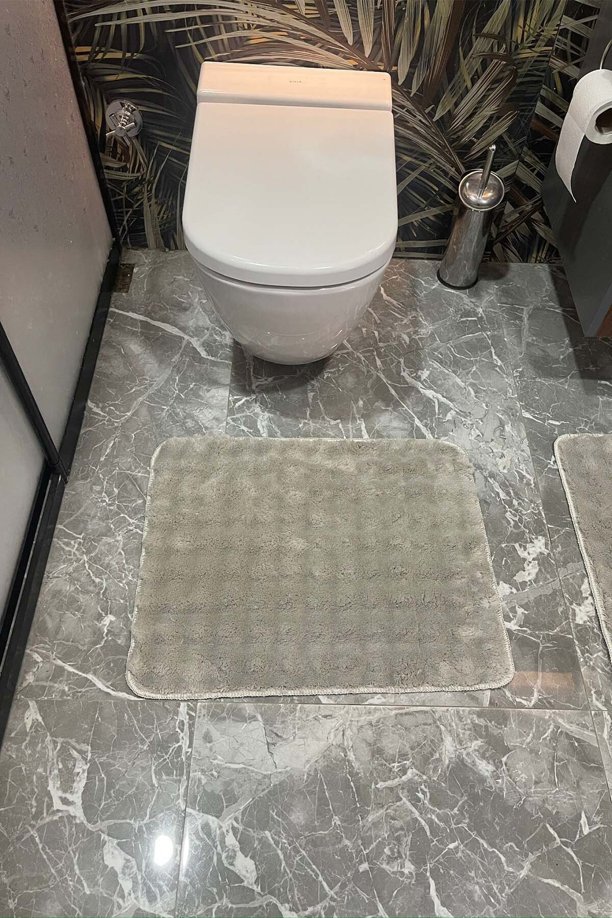 1_org_zoom Modern Bubble Yıkanabilir Kaymaz Peluş Banyo Paspası Halısı 2'li Klozet Takımı 60x100 ve 50x60