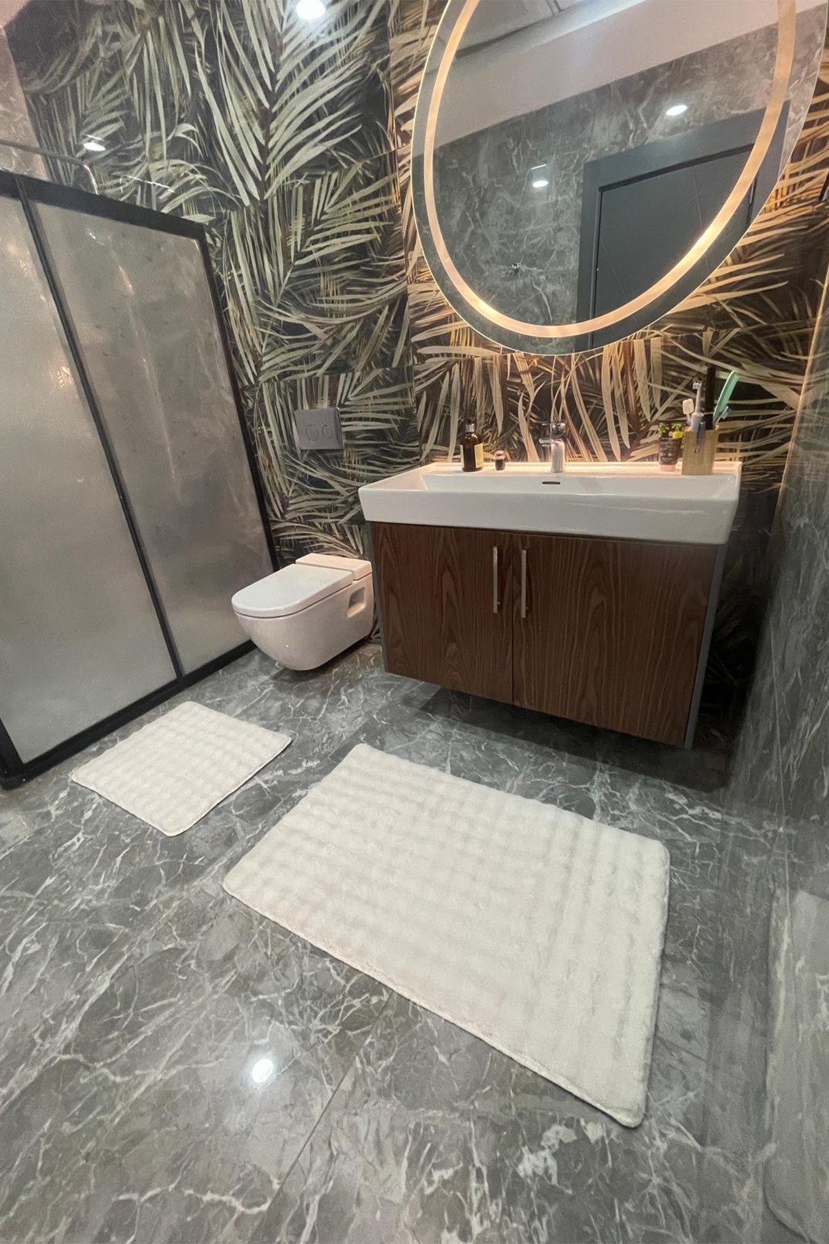 1_org_zoom Modern Bubble Yıkanabilir Kaymaz Peluş Banyo Paspası Halısı 2'li Klozet Takımı 60x100 + 50x60 32155