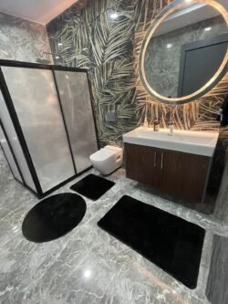 3'lü Yıkanabilir Post Siyah Banyo Halısı Peluş Klozet Takımı 80x80 Yuvarlak 50x60 Ve 60x100 Klozet