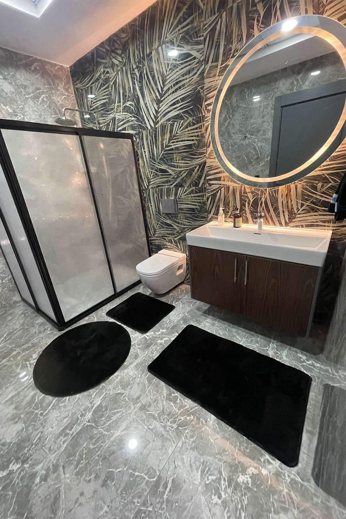1_org_zoom 3'lü Yıkanabilir Post Siyah Banyo Halısı Peluş Klozet Takımı 80x80 Yuvarlak 50x60 Ve 60x100 Klozet