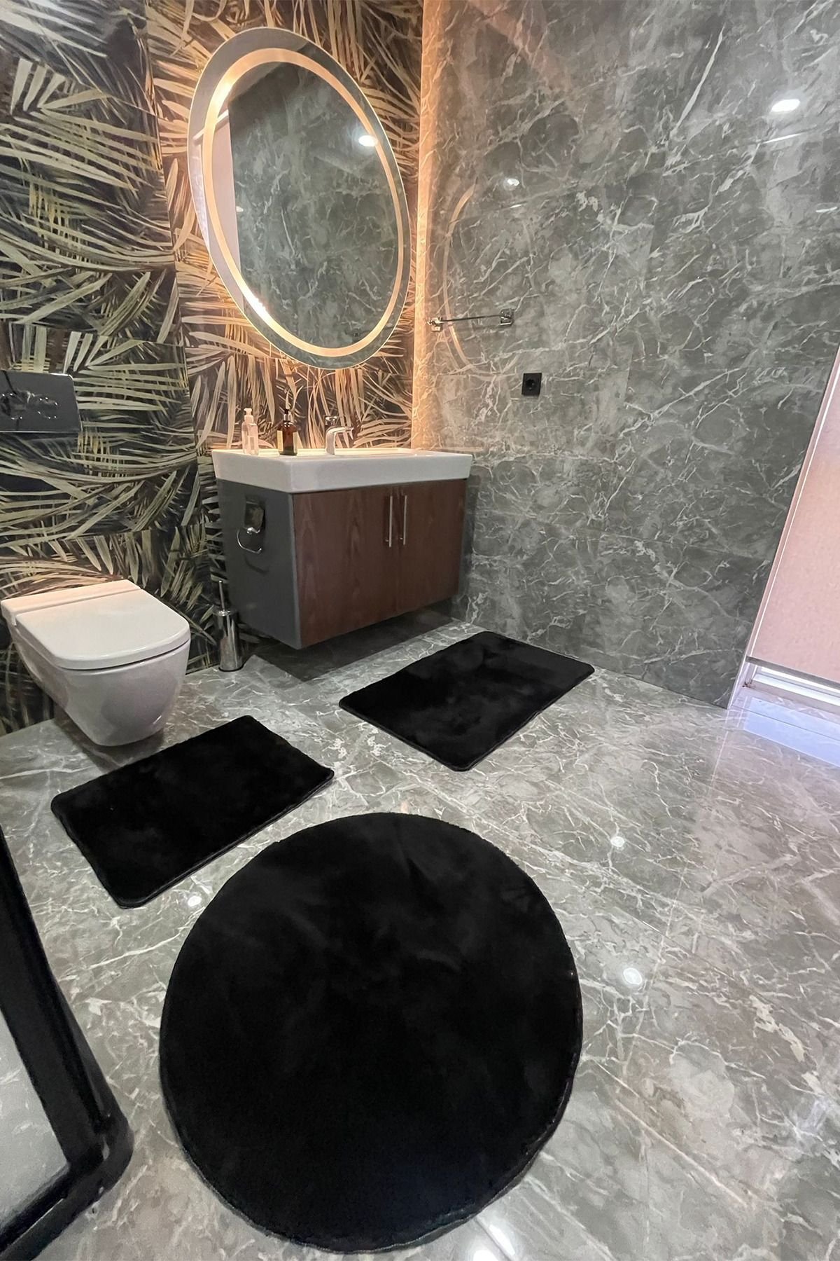 1_org_zoom 3'lü Yıkanabilir Post Siyah Banyo Halısı Peluş Klozet Takımı 80x80 Yuvarlak 50x60 Ve 60x100 Klozet