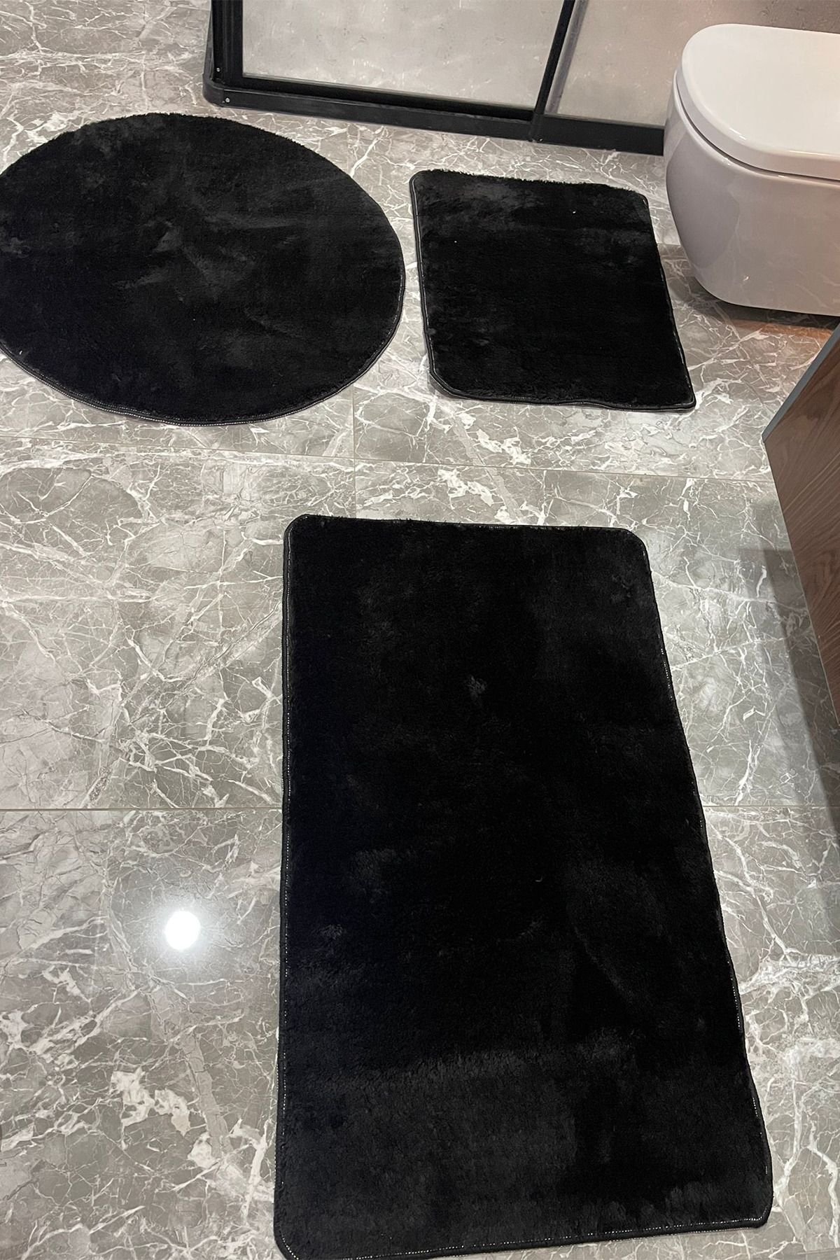 1_org_zoom 3'lü Yıkanabilir Post Siyah Banyo Halısı Peluş Klozet Takımı 80x80 Yuvarlak 50x60 Ve 60x100 Klozet