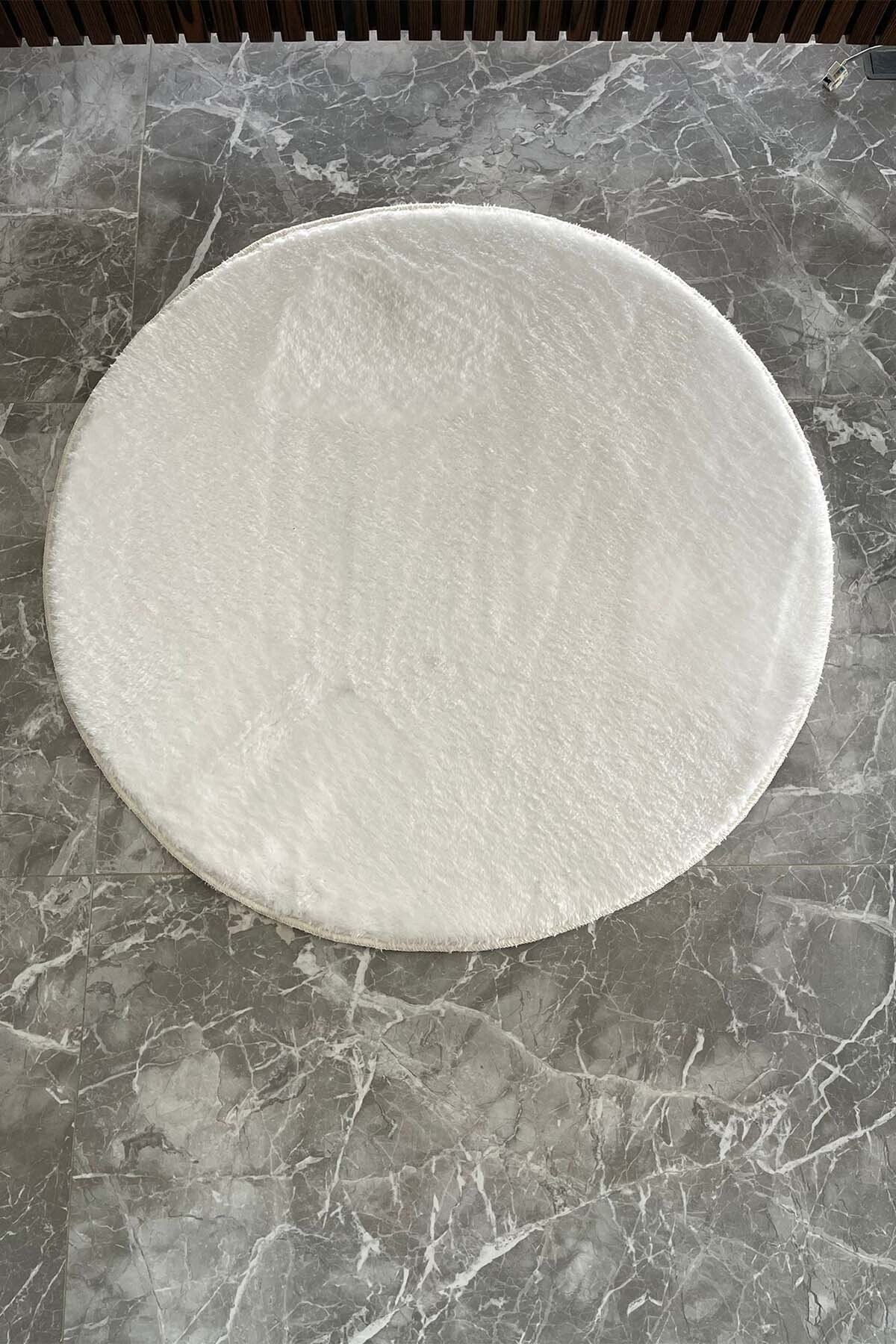 1_org_zoom Daire Yuvarlak Beyaz Post Peluş Kesme Halı Yolluk Kaymaz Taban Yıkanabilir Pofuduk 34619