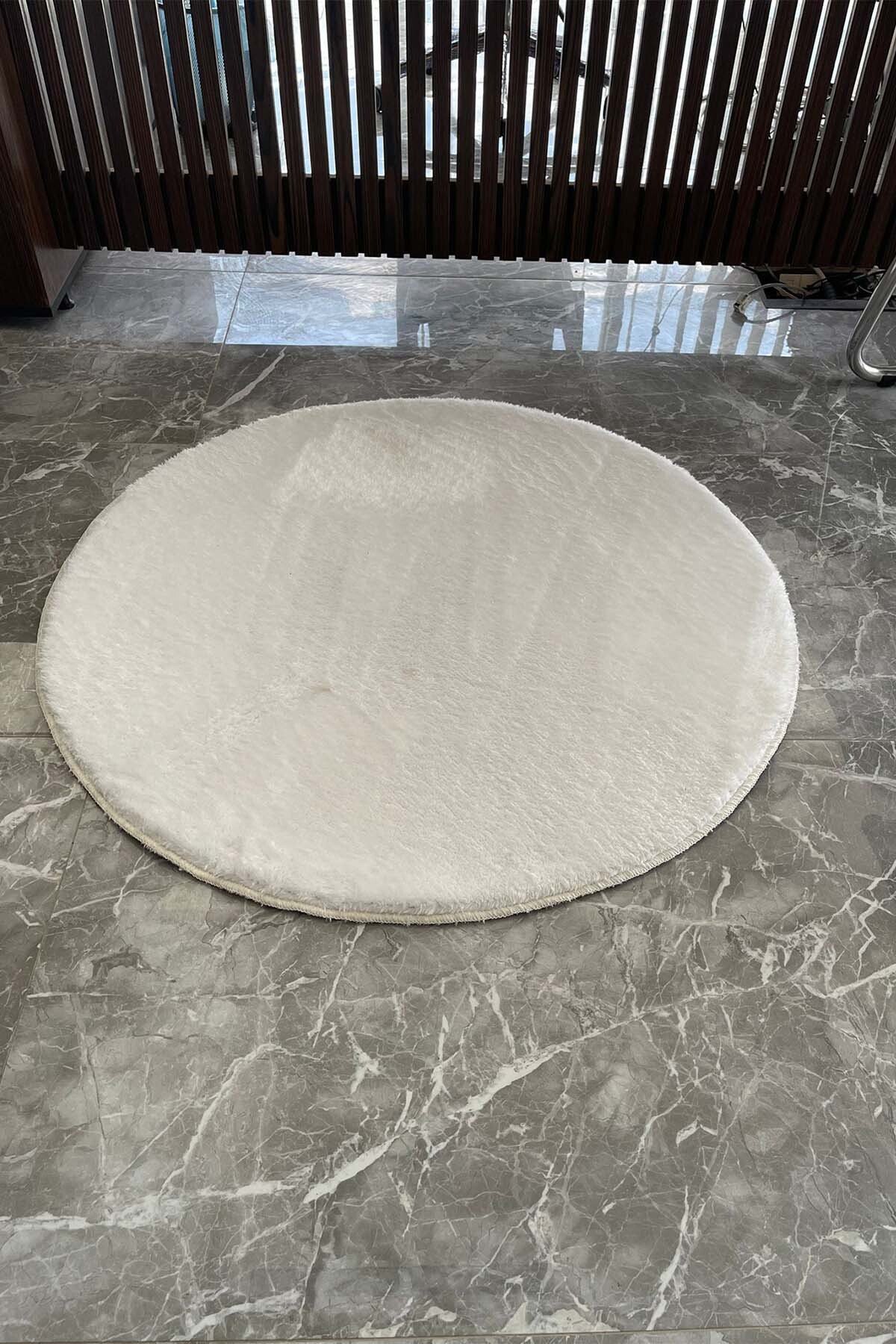 1_org_zoom Daire Yuvarlak Beyaz Post Peluş Kesme Halı Yolluk Kaymaz Taban Yıkanabilir Pofuduk 34620