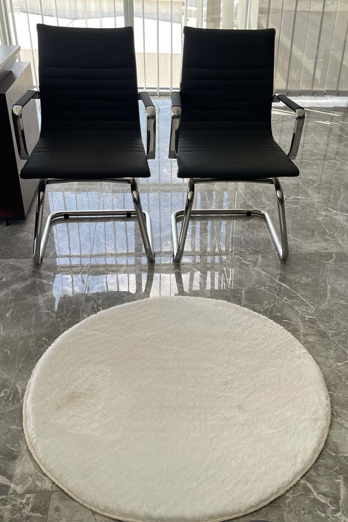 1_org_zoom Daire Yuvarlak Beyaz Post Peluş Kesme Halı Yolluk Kaymaz Taban Yıkanabilir Pofuduk 34621