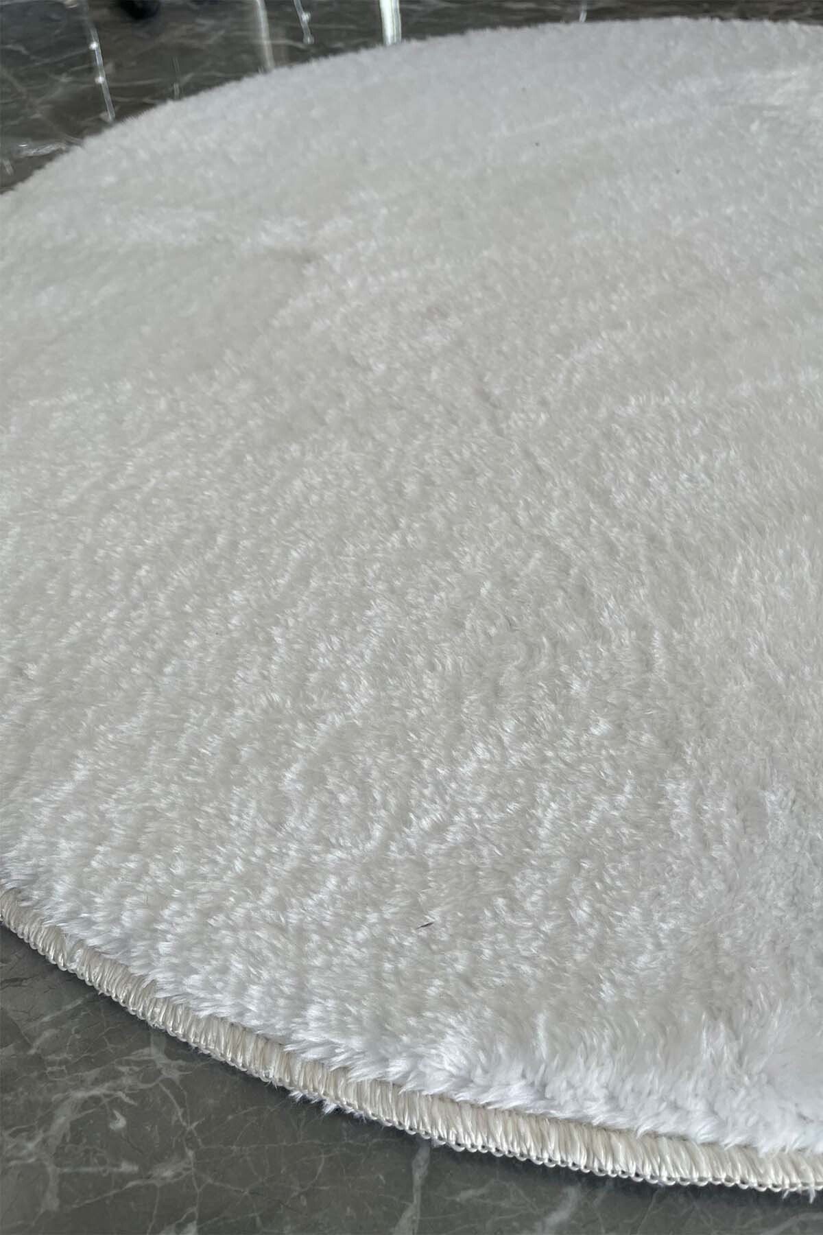1_org_zoom Daire Yuvarlak Beyaz Post Peluş Kesme Halı Yolluk Kaymaz Taban Yıkanabilir Pofuduk 34622