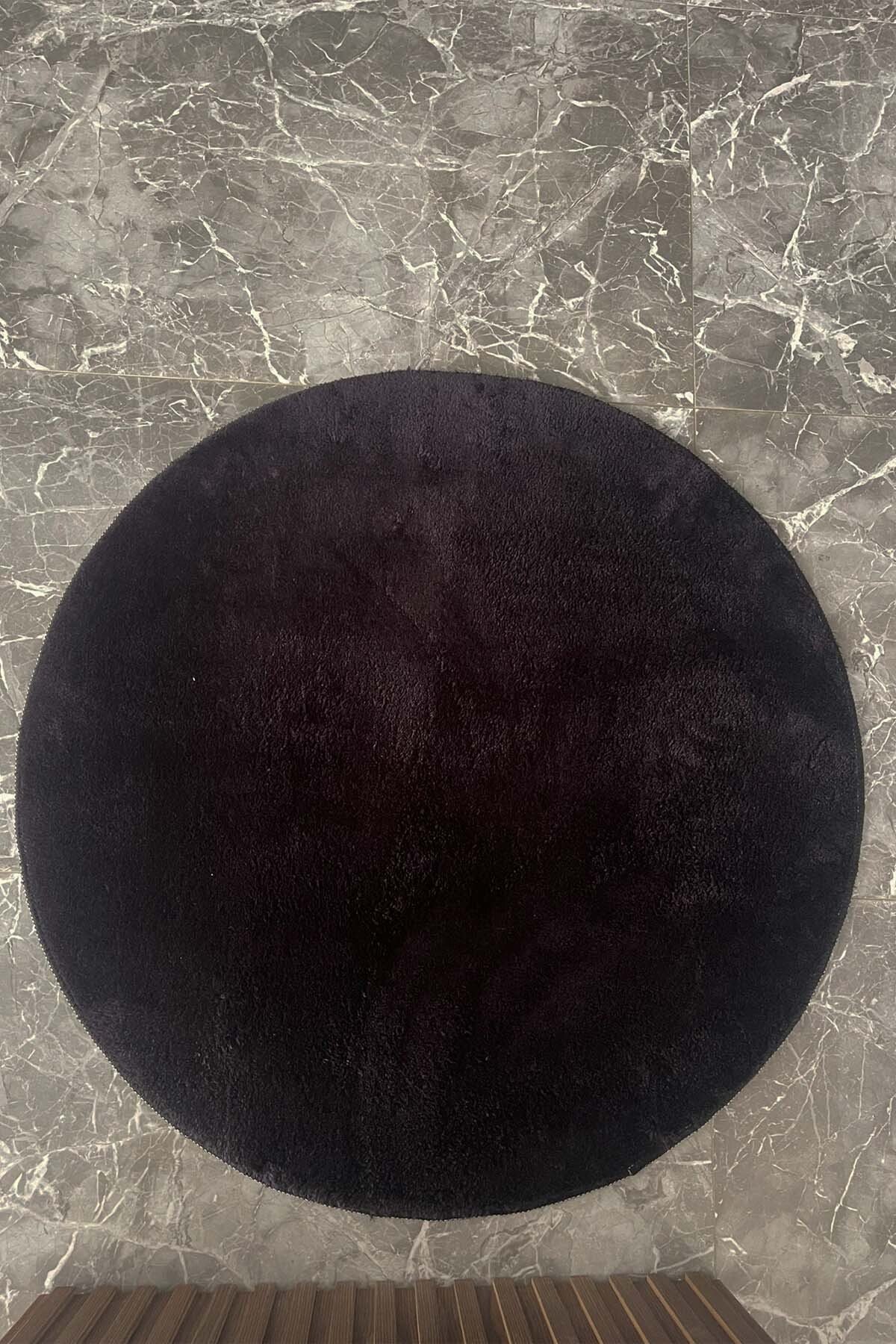 1_org_zoom Daire Siyah Post Peluş Kesme Halı Yolluk Kaymaz Taban Yıkanabilir Pofuduk 34652